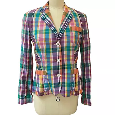 RALPH LAUREN SPORT Madras Blazer Women's Cotton Plaid Old Money Jacket  Size 10 • $89.99