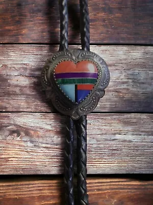 Vtg Sterling Zuni Native American Inlay Heart Gemstone Bolo Tie Leather • $99.99