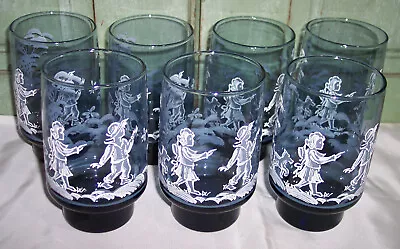 Set Of 7 Vintage 1970's Libbey Mary Gregory Blue Drinking Glasses Tumblers 12oz • $27.50