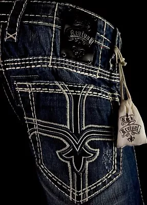 $220 Mens Rock Revival Jeans  Aaron  Thick Embroidery Pockets Boot 33 X 33 • $79.99