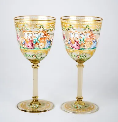 Venetian Enameled Gentlemen & Ladies Coach Scene Wine Glass Goblets Set Of 2 • $495