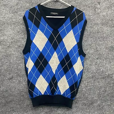 Express Mens Sweater Vest L Blue Black Argyle Sleeveless V Neck Merino Wool Golf • $18.88