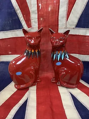 £375 • Buy PAIR Of POOLE POTTERY RED FLAMBE DELPHIS CAT - 29 CM TALL Original Boxes