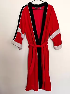 Vintage AUSTIN MANOR Red Velour Robe W/ Black Grey Stripes Men’s Size L/XL USA • $22.50