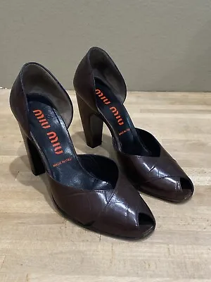 Miu Miu Leather Brown Chunky High Heel 8 Peep Toe Vintage Style Shoes EUR 38 EUC • $145