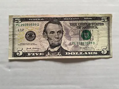 2017 FIVE Dollars Note $5 Dollar Real Paper Money US United State PL 20393599 D • $9.99