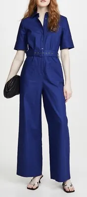 NWT STAUD Zavey Cotton Linen Blend Belted Wide Leg Jumpsuit Midnight Blue XS • $204.99