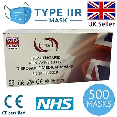 Type IIR 2R Surgical Face Masks 3-Ply Medical Grade EN14683 CE Approved  X 500 • £16.99