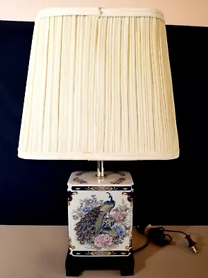 Vintage Asian Porcelain Table Lamp W/ Peacock Wood Base • $36.99