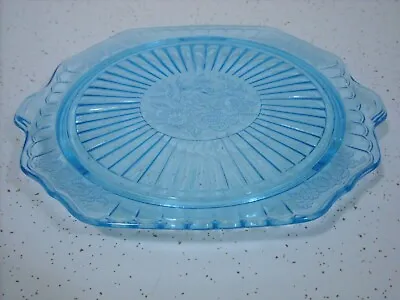 Blue Mayfair Open Rose Depression Glass 10  Handled Cake Plate Anchor Hocking  • $118