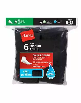 Mens Cushion Ankle Socks 6-Pack Hanes Fits Shoe Sizes 12-14 Athletic White Black • $13.58