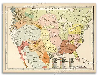 1650 Indian Tribes & Linguistic Stocks Maps - Native American Wall Map - 24x32 • $23.95