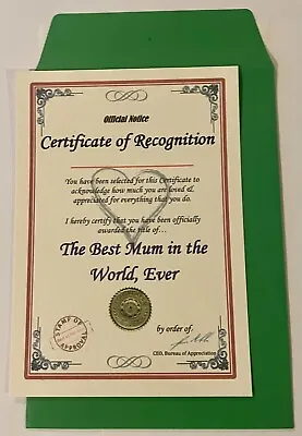 Thank You / Birthday Gift: Best Mum Auntie Grandad In The World Certificate B6G • £4.50