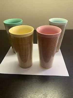 Vintage MCM Raffia Ware Melmac Woven Burlap 6  Tall Tumblers (4) • $7.99