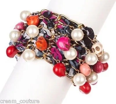 NEW $99 Meghan LA Fabulous Gold Link Skull Bobble Charms Purple Scarf Bracelet • $45.49