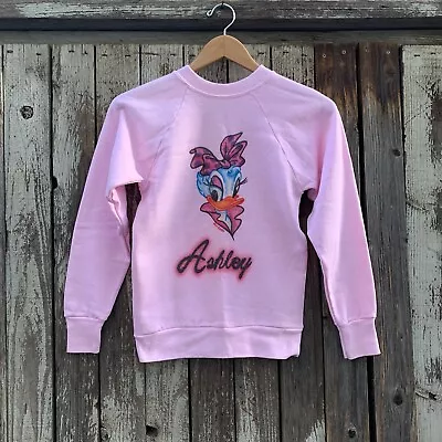 Vintage 80s Minnie Mouse Hand Spray Painted Fleece Kids Crewneck Sweatshirt • £24.10