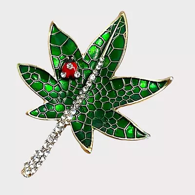 Maple Leaf  Brooch Pin Green Enamel With White Crystals Color • $18