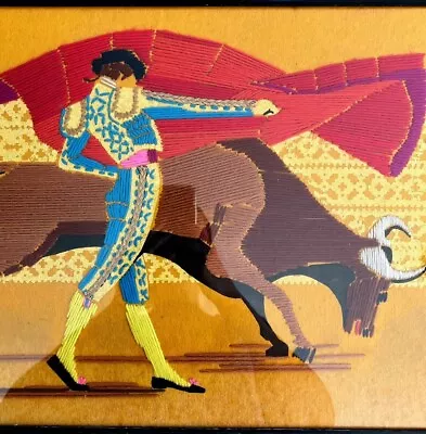 Matador And Bull Thread Yarn Art Framed 1968 Signed Antique Original Artwork Auc • $149.99