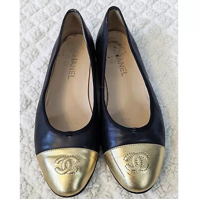 Vintage Chanel Leather Cap Toe Ballerina Flats Black/Gold 39 US 8 • $299
