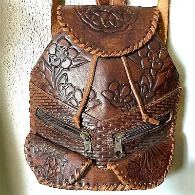 Vintage Tooled Leather Drawstring Bucket Backpack • $60