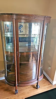 Victorian Antique Oak Curved Glass Curio China Cabinet • $675