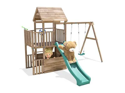 £779.99 • Buy Wooden Climbing Frame Double Swing Set Childrens Outdoor Green Slide BalconyFort