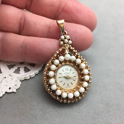 Coro Pendant Watch 1 Jewel Runs Faux Pearls Gold Tone Vintage Swiss Made 1 5/8  • $24.79