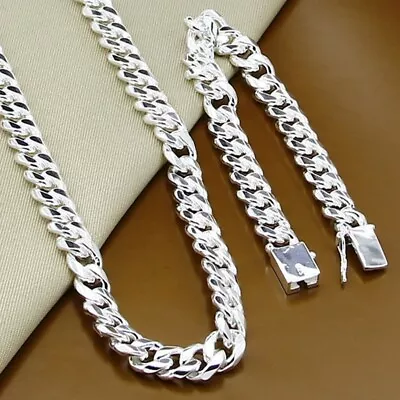Fashion 925 Silver 10MM Chain Men Bracelet Necklace Jewelry Set CUBAN LINK • $9.99