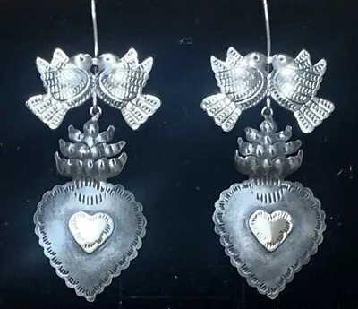 Mexican Sterling Silver Love Bird Heart Earrings • $92