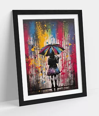 Banksy Style Umbrella Girl Multicolour Rain -framed Wall Art Poster Paper Print • £11.99