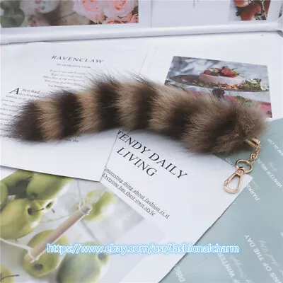 25-30cm Real American Raccoon Fur Tail Keychain Cosplay Toys Bag Fluffy Pendant • $2.89