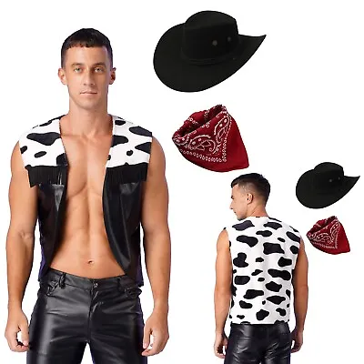 Mens Cowboy Open Front Waistcoat Western Vest Cow Print Hat West Costume Wild • $31.20