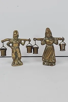 Vintage 3  Solid Brass Dutch Girl & Boy Water Carrier Figurines & Buckets Set 2 • $14.99