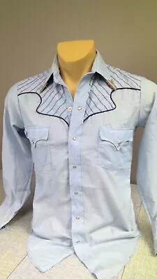 Vintage Karman Western Pearl Snap Long Sleeve Shirt Blue Men's Small USA • $24.99