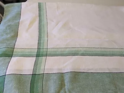 Vintage Linen Tablecloth White With Green Bands 65.5  By 49  • $4.99