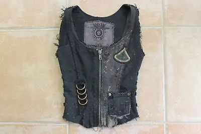 Junker Designs Womens Xs Black Denim Vest Motley Crue Small Petite Rock Vintage • $120