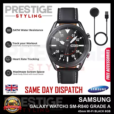 Samsung Galaxy Watch3 SM-R840 Smart Watch 45mm 4G GPS BLACK PRISTINE+CHARGR • £64.99