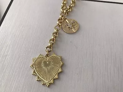 Belcher Rolo Link Chain Heart CZ Flower Pendant Necklace Gold Medallion • $59