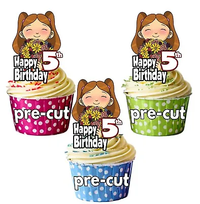 PRECUT Girl With Bouquet Flowers Cup Cake Toppers Birthday Decorations ANY AGE • £3.75