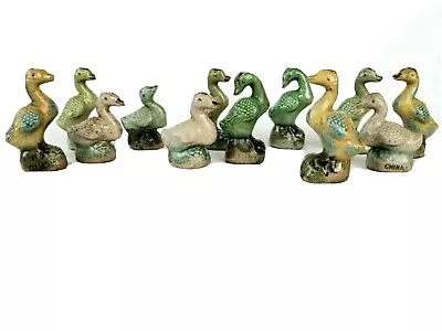 Antique Chinese Porcelain Majolica Mud Duck Figurine CHINA Export Set Of 12 EUC • $80