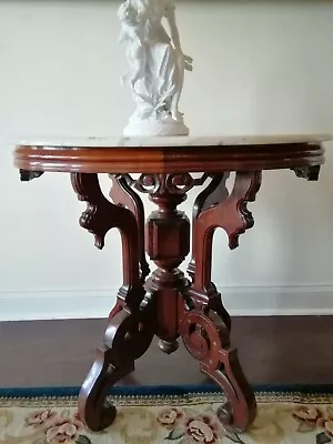 19th Century Victorian Walnut Marble Top Oval Parlor Table • $700