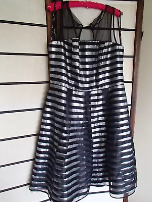 Ladies Sheer Black And Solid Silver City Chic Midi Lined Dress • $12.95