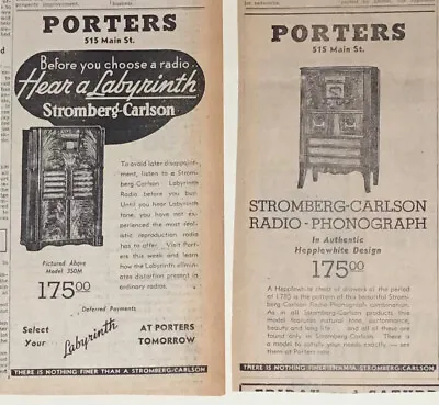 Two 1938 Newspaper Ads For Stromberg Carlson Radios - 1939 Hepplewhite 350M • $4.95