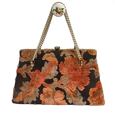 Vintage 1960s Black Colorful Floral Chenille Carpet Handbag • $105