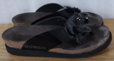 MEPHISTO Violette Air -Relax Flower Flip Flop Black Patent Leather. Sz 36 US 6 • $55