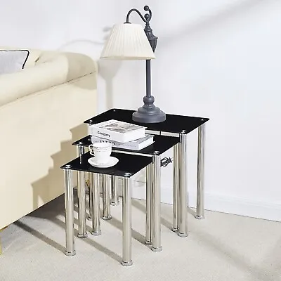 £29.99 • Buy 3pcs Rectangular Black Tempered Glass Side End Nested Table Bedside Coffee Table