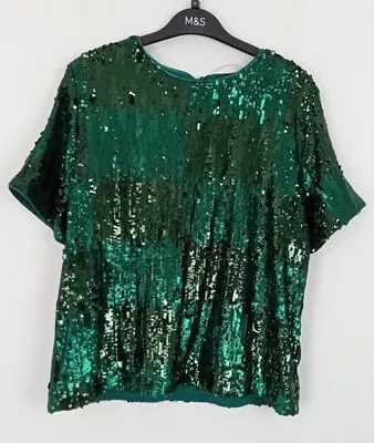 Marks & Spencer Party Top Evergreen Small Large Sequins Gathered Button NEW F2 • £13.99