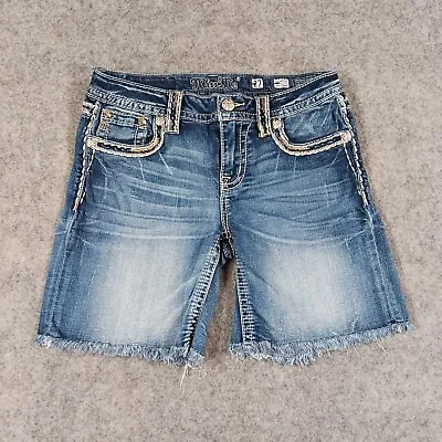 Miss Me Shorts Womens Size 27 Mid Short Thick Stitch Bling Distressed Embellish • $12.75