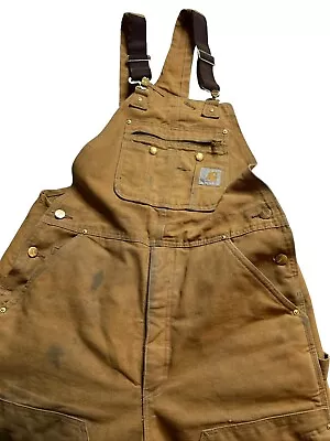 Carhartt Men's Canvas Quilt Lined Distressed Bib Overalls R41 Brown Size 34X30 • $50.39