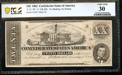 $20 1862 Confederate States Note - T-51 PF-11 CR-366 - PCGS 30 Very Fine (Q6) • $195